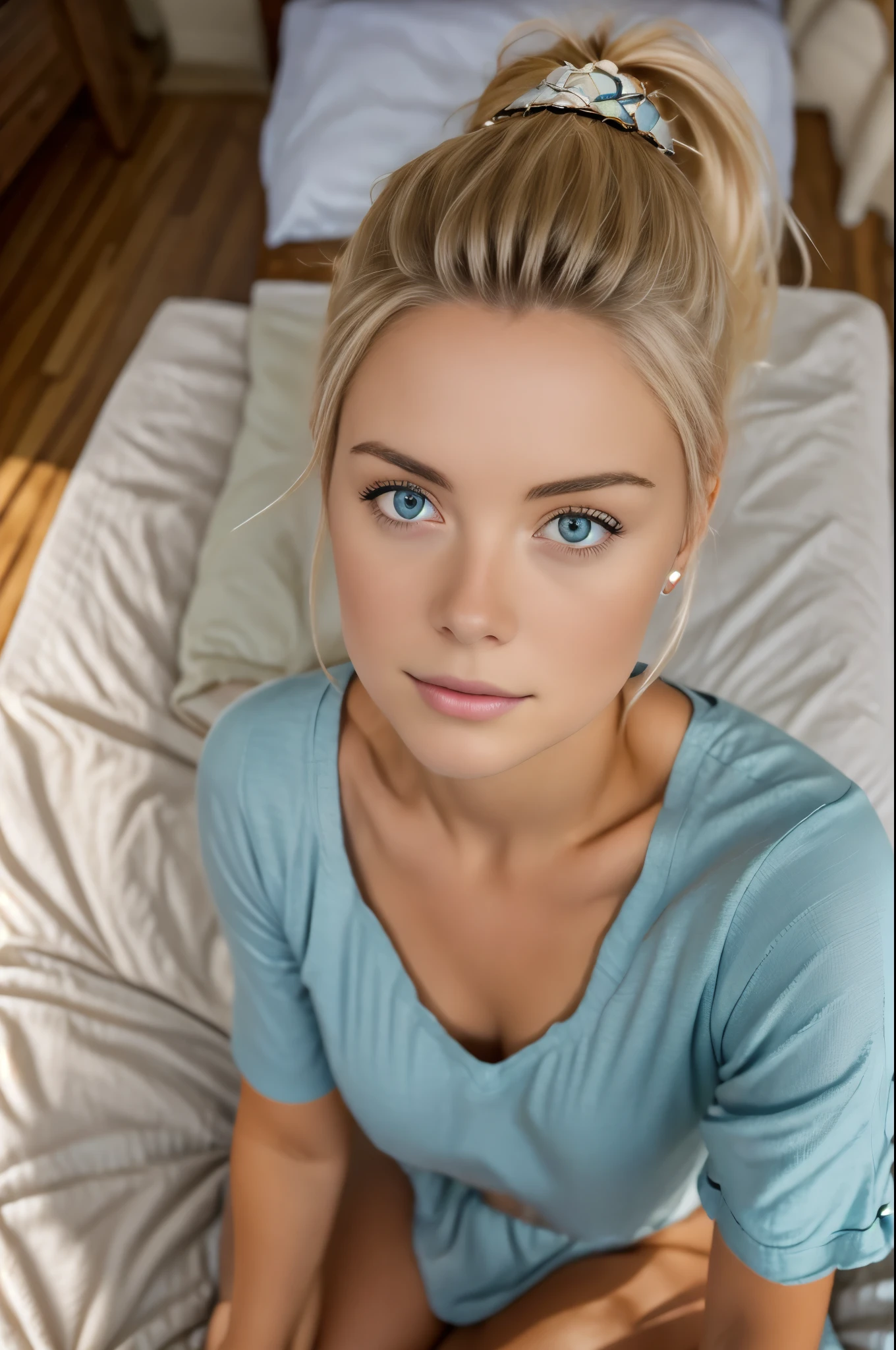 été77, belle fille blonde de 23 ans, seulement, sans maquillage, pyjamas,Sur le lit, je viens de me réveiller, selfie, angle supérieur, récupérer les détails du visage, texture de peau réaliste, la photographie, instantané,