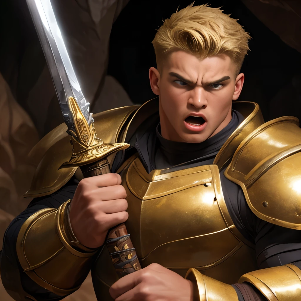 (highest quality:1.5), (masterpiece:1.5), (inside the cave:1.2), (macho:1.2), (huge body:1.1), gold short hair, 25 years old, iron armor, angry look, Holding a sword with both hands, close-up face, mouth open