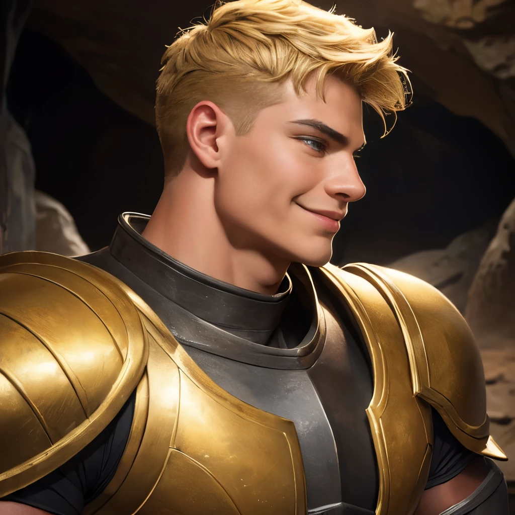 (highest quality:1.5), (masterpiece:1.5), (inside the cave:1.2), (macho:1.2), (huge body:1.1), gold short hair, 25 years old, iron armor, (shoot from side:1.3), close-up face, smile, looking down