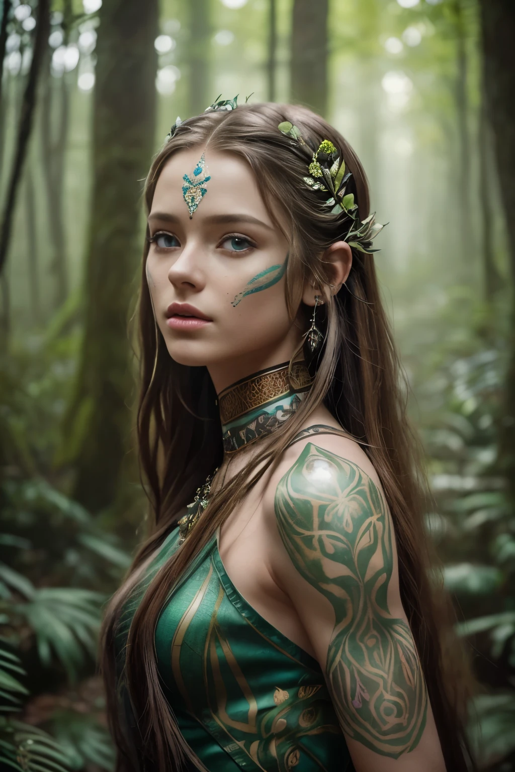 (cinematic photograph of a detailed beautiful 18-year old woman with ((facial and body characteristics that is similar to Kristina Pimenova))), (), ((Avatar Fantasy World: Theme: Otherworldly and lush fantasy. Clothing: Nature-inspired attire with earthy tones.
    Scene: A forest or a setting reminiscent of Pandora. Props: Glowing flora, tribal accessories, or face paint.)), (), (), finely detailed, ultra-realistic features of her pale skin and (slender and athletic body), and (symmetrical, realistic and beautiful face), candid, (), (), (()), (), film stock photograph,  rich colors, hyper realistic, lifelike texture, dramatic lighting, strong contrast