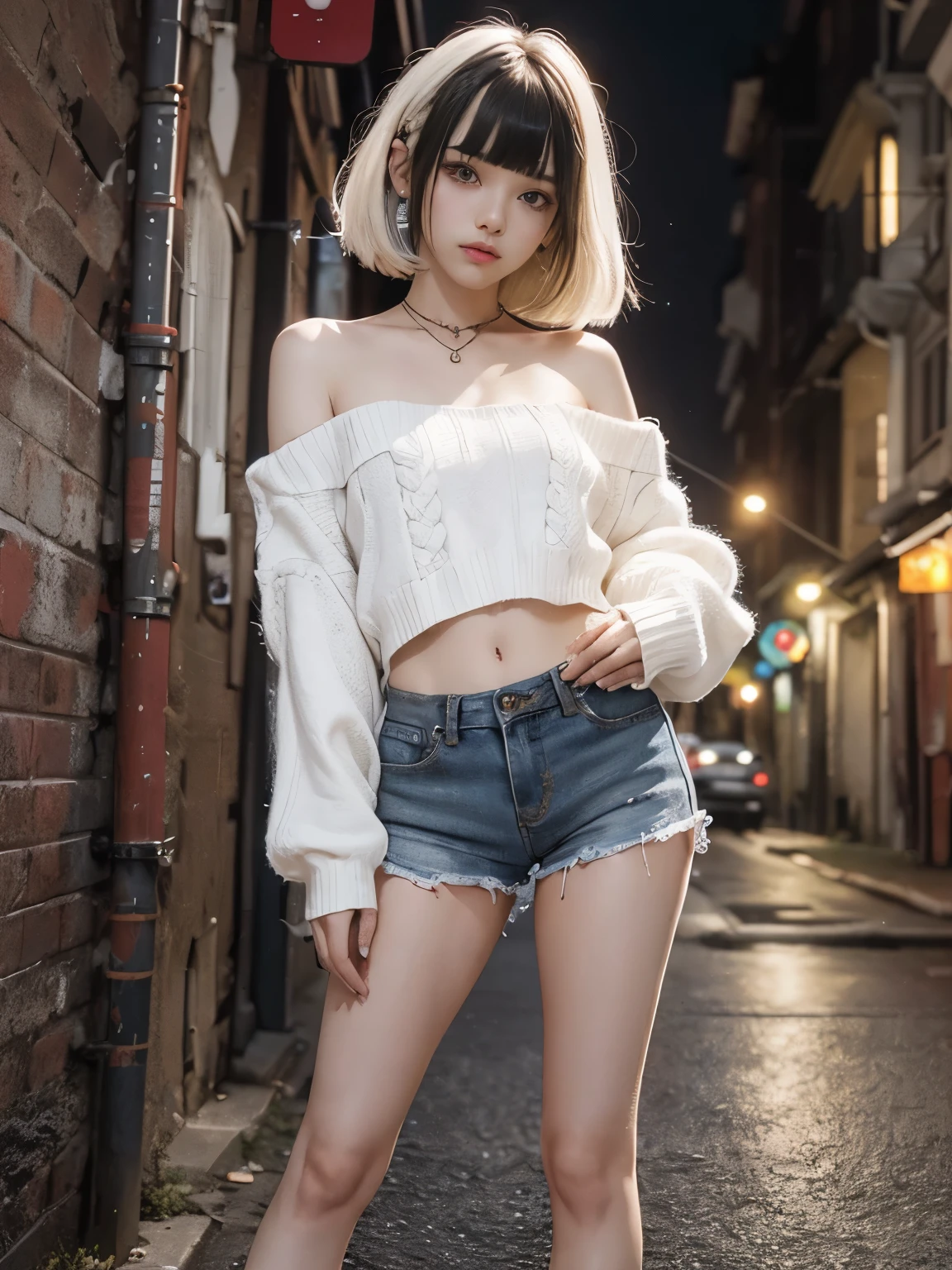 raw photo, 8k, (top-quality), Realistic, (real picture, Intricate details), (natural skin texture, detailed skin, hyper realism, sharpness), (Japanese teenage girl standing in a dirty back alley at night, graffitied wall:1.3, sexy posing), ((white knitted sweater, off-shoulder, black short shorts)), (((flat chest:1.5))), (pale skin:1.2), ((white hair, braid hair, blunt bangs)), (seductive face, provocative look, Parted lips:1.3), thigh, graffiti:1.5, trash can, night time, spot lighting:1.3, Full body shot