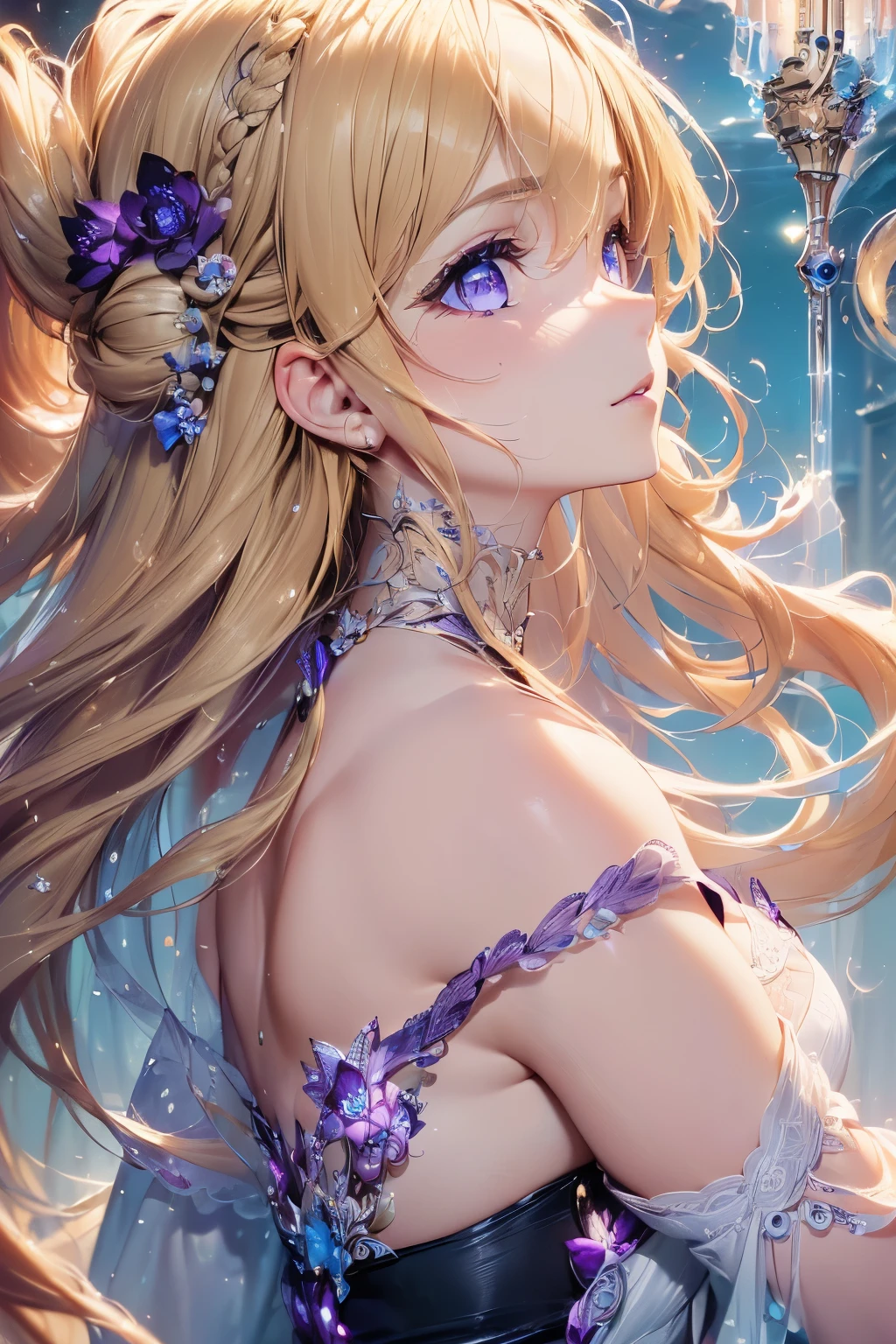 1girl,sense of deps,disorganized,catch light,super beautiful illustrations,(((beautiful blonde,two side up hairstyle:1.3))),;D,beautiful and delicate flowing hair,((Delicate and detailed beautiful purple eyes:1.2)),(purple clothes),