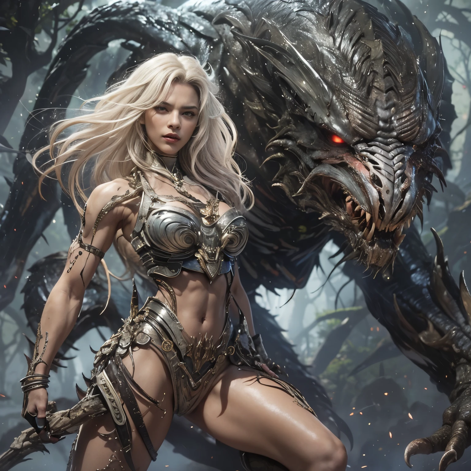 1 female alien, The predator, warrior, (extremely beautiful:1.2), (intense gaze:1.6), (predator:1.6), long dark claws, NSFW,  nipples, thick eyebrows, glowing and shining れｄ eyes, the most beautiful face in the universe, silver blonde hair,
A woman with an extremely beautiful face, her intense gaze fixed on her prey, a primal force that could not be denied.

(extreamly beautiful lean body:1.5), (ultra muscular build:1.2), (prowling:1.3), (sleek movements:1.4),

Her beautiful body, muscular and toned, moved with sleek grace as she prowled, ready to strike at a moment's notice. The predator within her was always on