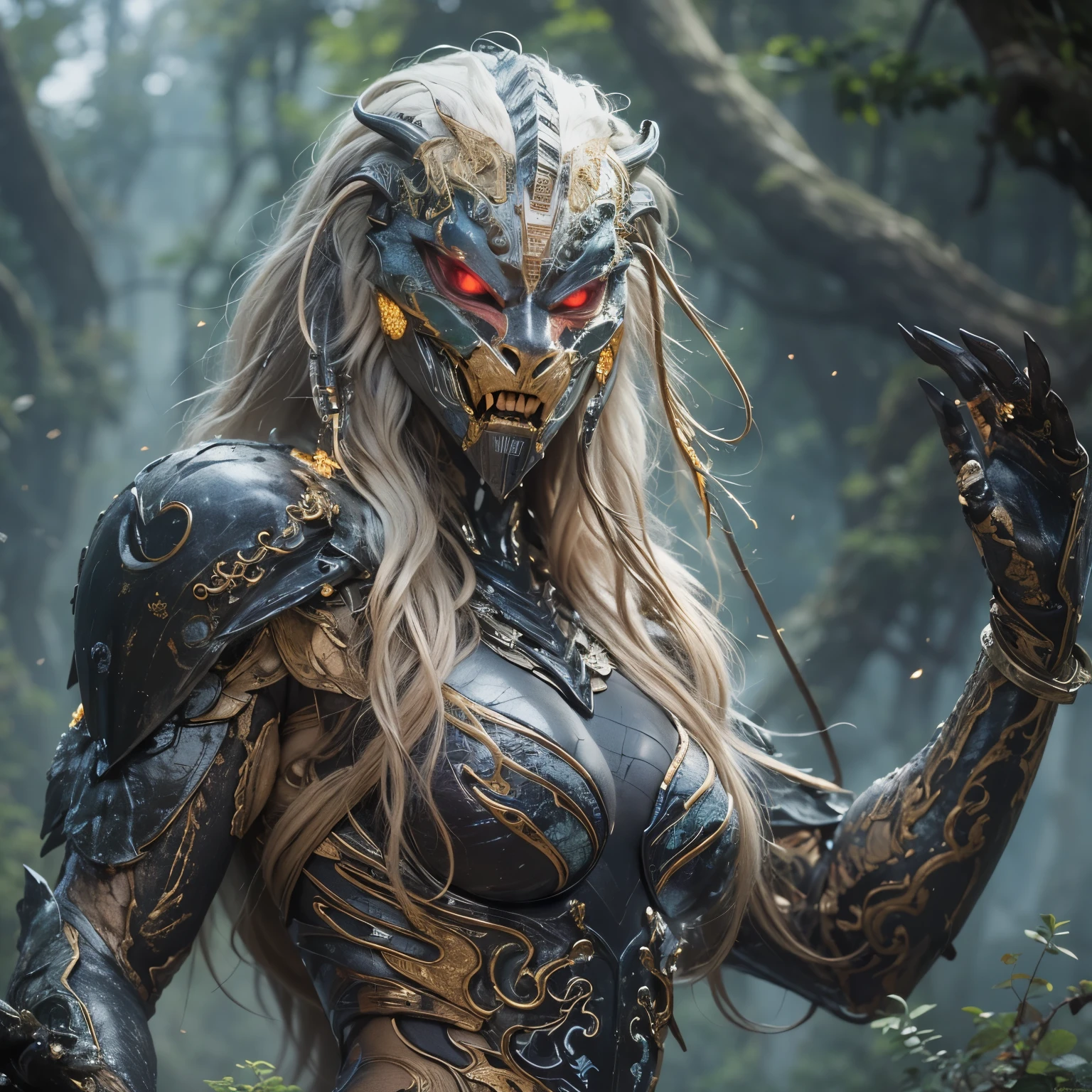 1 female alien, The predator, warrior, (extremely beautiful:1.2), (intense gaze:1.6), (predator:1.6), long dark claws, NSFW,  nipples, thick eyebrows, glowing and shining red eyes, the most beautiful face in the universe, silver blonde hair,
A woman with an extremely beautiful face, her intense gaze fixed on her prey, a primal force that could not be denied.

(extreamly beautiful lean body:1.5), (ultra muscular build:1.2), (prowling:1.3), (sleek movements:1.4),

Her beautiful body, muscular and toned, moved with sleek grace as she prowled, ready to strike at a moment's notice. The predator within her was always on