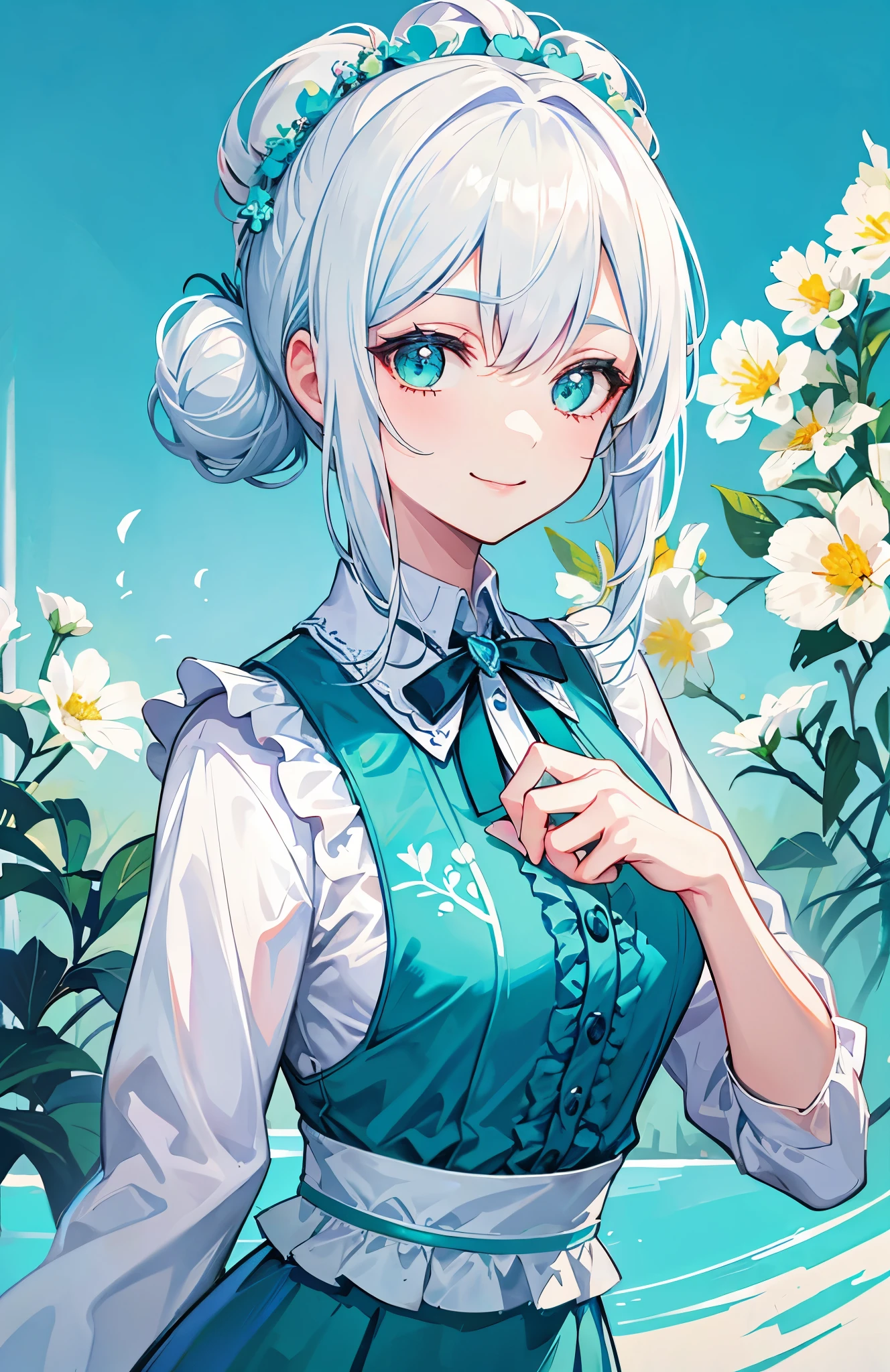 1 woman, cyan shirt, slightly bend forward, smiling charmingly, beautiful face, hair buns, white hair, flowers garden background