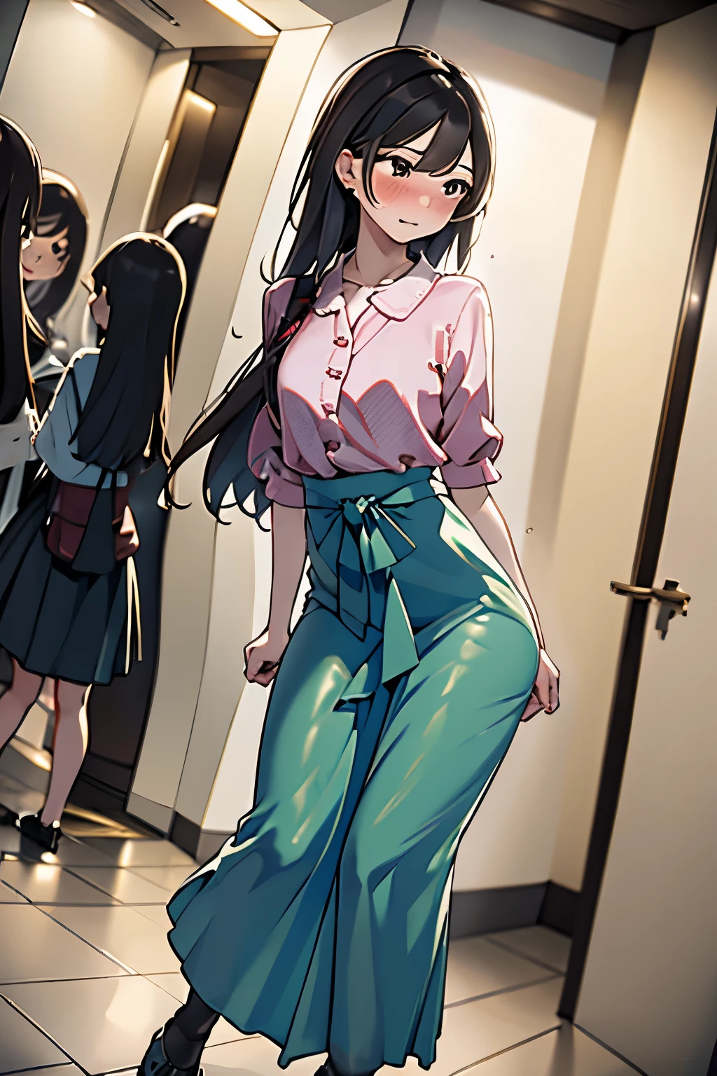 Anime girl in a pink shirt and green pants walking down a hallway - SeaArt  AI