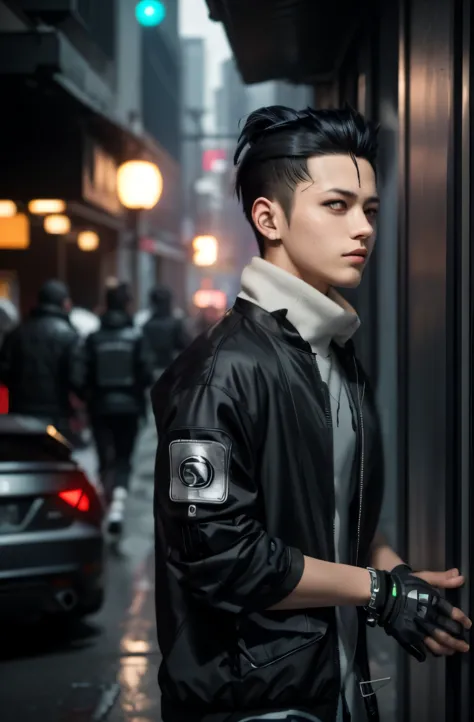 Masterpiece, 1boy, Superb Style, cyberpunk style, Streetwear clothes, Outdoor, Upper Body, Shikamaru nara, bright eyes, black ha...