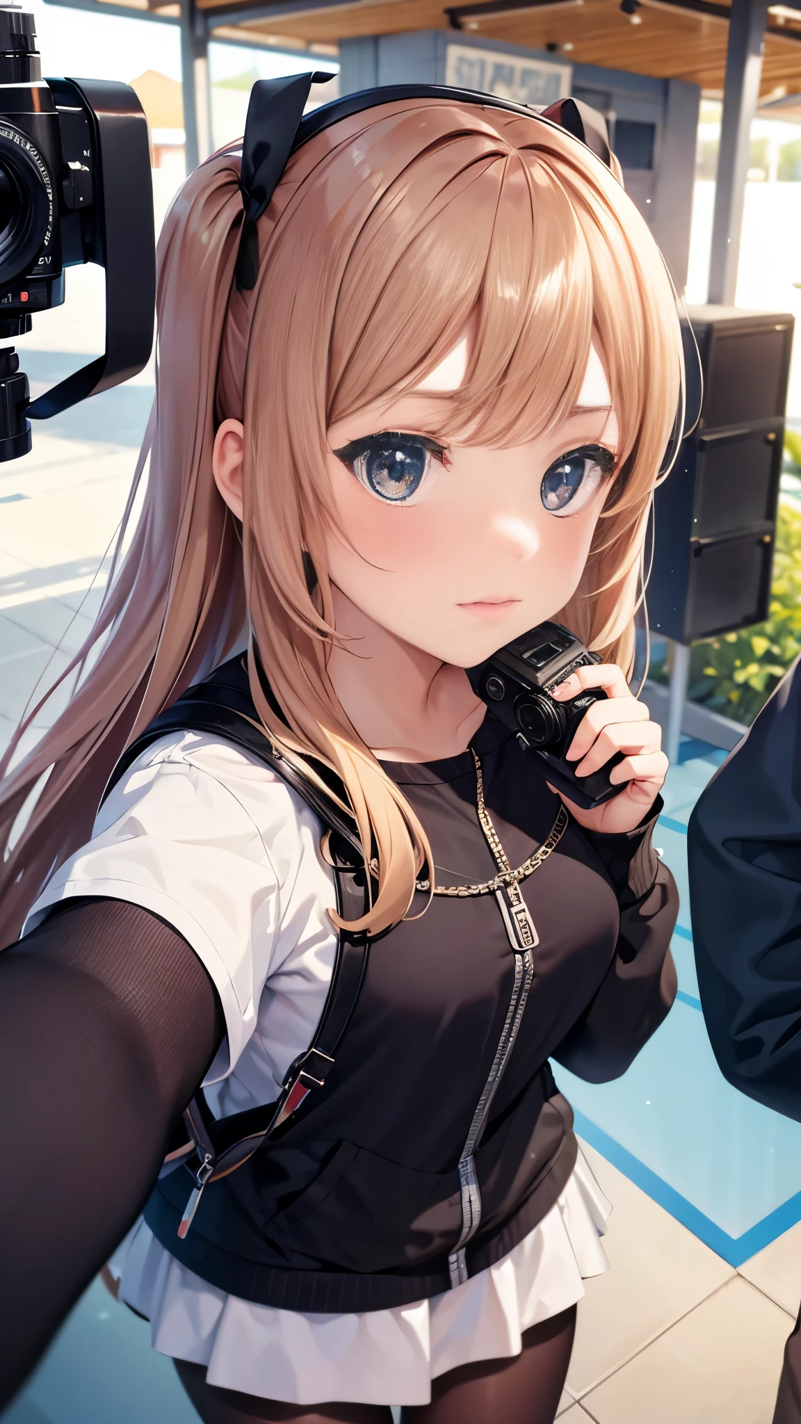 Anime girl with long blonde hair and blue eyes holding a camera - SeaArt AI