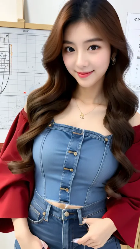 UHD, cute Korean female,Chest size 32 inches, red wavy, wearing ling sleeve shirt, and jeans, with drawing board