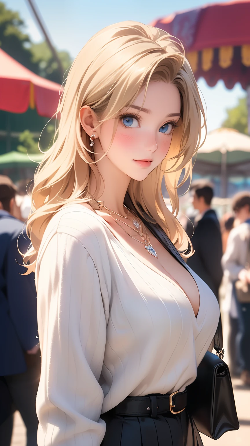 ((chef-d&#39;œuvre, la plus haute qualité, Haute résolution, Hmm, RTX, Pixel parfait, Profondeur des limites écrites, 4K, Très détaillé))), 1 fille, célibataire, seul, belle fille animée, beau style artistique, Personnage d&#39;Anime, ((cheveux longs, frange séparée, frange de la partie médiane, cheveux blond)), ((yeux bleus:1.4, Yeux ronds, de beaux cils, réaliste eyes)), ((visage détaillé, Rougir:1.2)), ((texture lisse:0.75, réaliste texture:0.65, réaliste:1.1, style animé en images de synthèse, Couleurs vives)), ((seins moyens, clivage:0.9, gros seins)), angle dynamique, corps parfait, ((lancer, pose dynamique, fermer)), ((pull blanc, manche longue, jupe noire, Ceintures pour femmes, Élégant, célibataire handbag, 1 collier de diamants)), Ouvrez la bouche, Embarrassant, parc d&#39;attractions