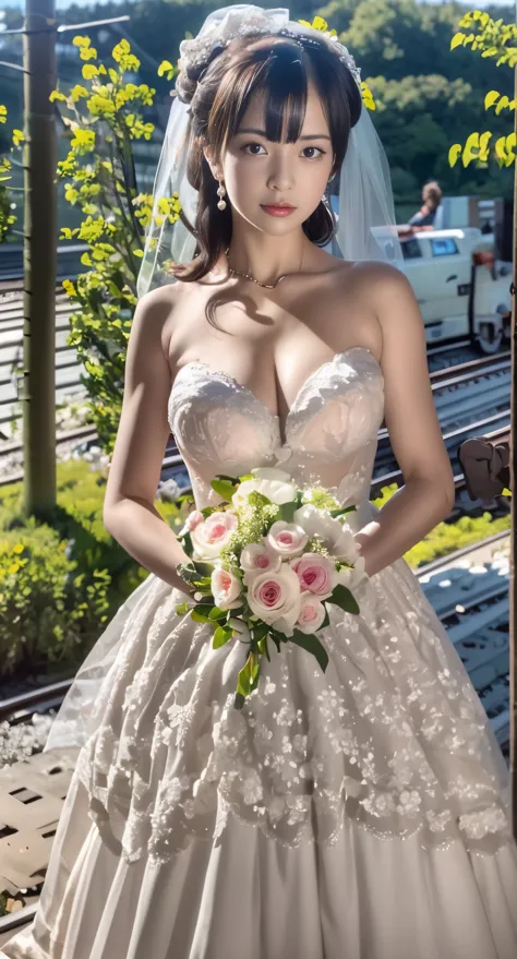 (((Pixel perfect, Perfect details))), alone, 1 girl, yuigahama yui,  Close-up of beautiful bride wearing beautiful wedding dress,Gurwitz, (bridal veil:1.5），（transparent short veil：1.5），blush，eye shadow，Blushing face，Head flower，headgear，bouquet，（tube top w...
