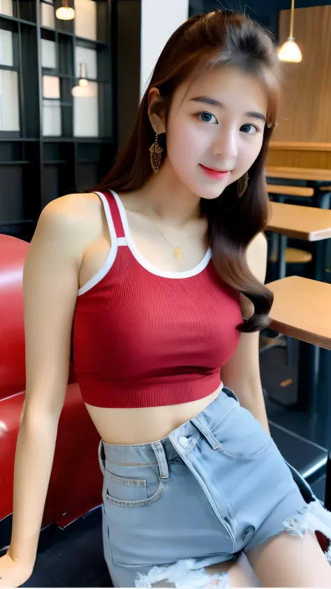 UHD, cute Korean female,Chest size 32 inches, red wavy, wearing crop top, and jeans, sitting restaurant