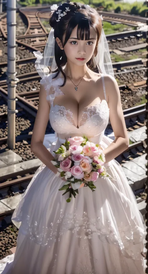 (((Pixel perfect, Perfect details))), alone, 1 girl, yuigahama yui,  Close-up of beautiful bride wearing beautiful wedding dress,Gurwitz, (bridal veil:1.5），（transparent short veil：1.5），blush，eye shadow，Blushing face，Head flower，headgear，bouquet，（tube top w...