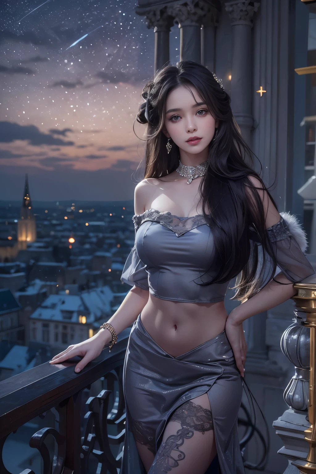 (girl standing on the balcony of the palace)girl portrait photography, realistic, High resolution, 1 female, alone, Upper body, beautiful eyes, close your lips, detailed face, gray hair, long hair, (off shoulder black lace long dress) ,(There is a slit up to the waist.),fur coat, stockings,(night sky full of stars)