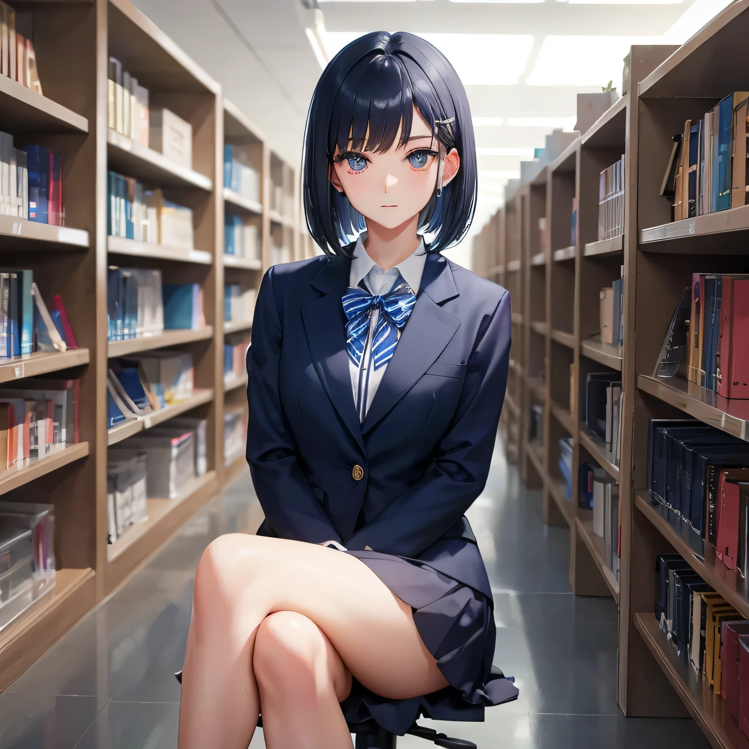 high school girl　blazer　dark blue hair color　bob hair　Clear type　School Library　sit　cross your legs