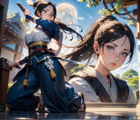 ((Japanese garden in background )), moon in sky, ((beautiful 28 year old samurai girl in white Gi holding katana in front of her...