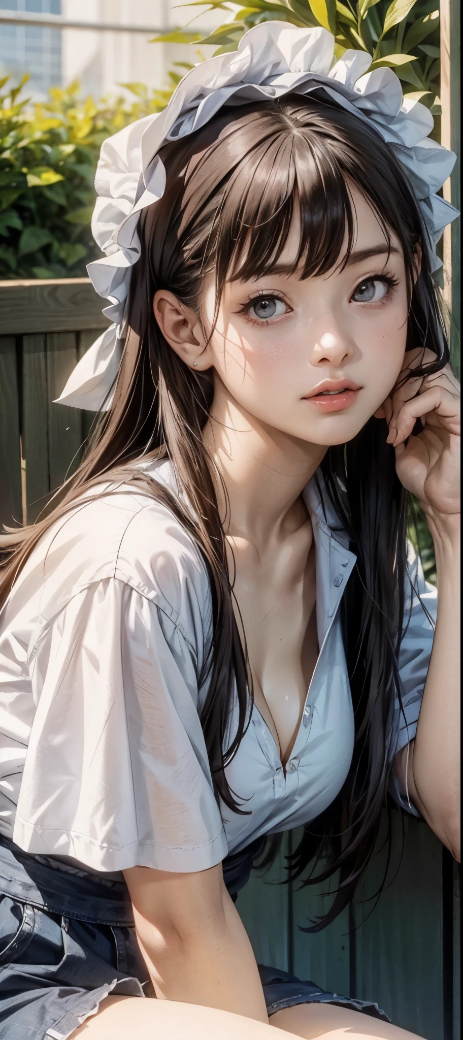 girl in summer clothes, white blouse, light blue shorts, pantyhose or long stockings, making like she wants to kiss you, view from viewer, medium breasts, cleavage, random backgroud, flirtatious look, ((very detailed)), (perfectly detailed face), (well detailed hand) photorealistic image.