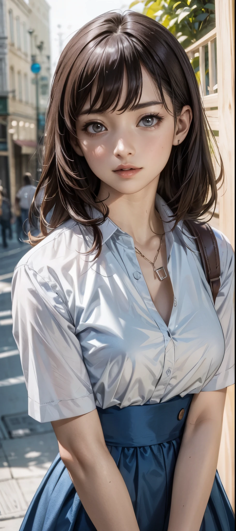 girl in summer clothes, white blouse, light blue shorts, pantyhose or long stockings, making like she wants to kiss you, view from viewer, medium breasts, cleavage, random backgroud, flirtatious look, ((very detailed)), (perfectly detailed face), (well detailed hand) photorealistic image.