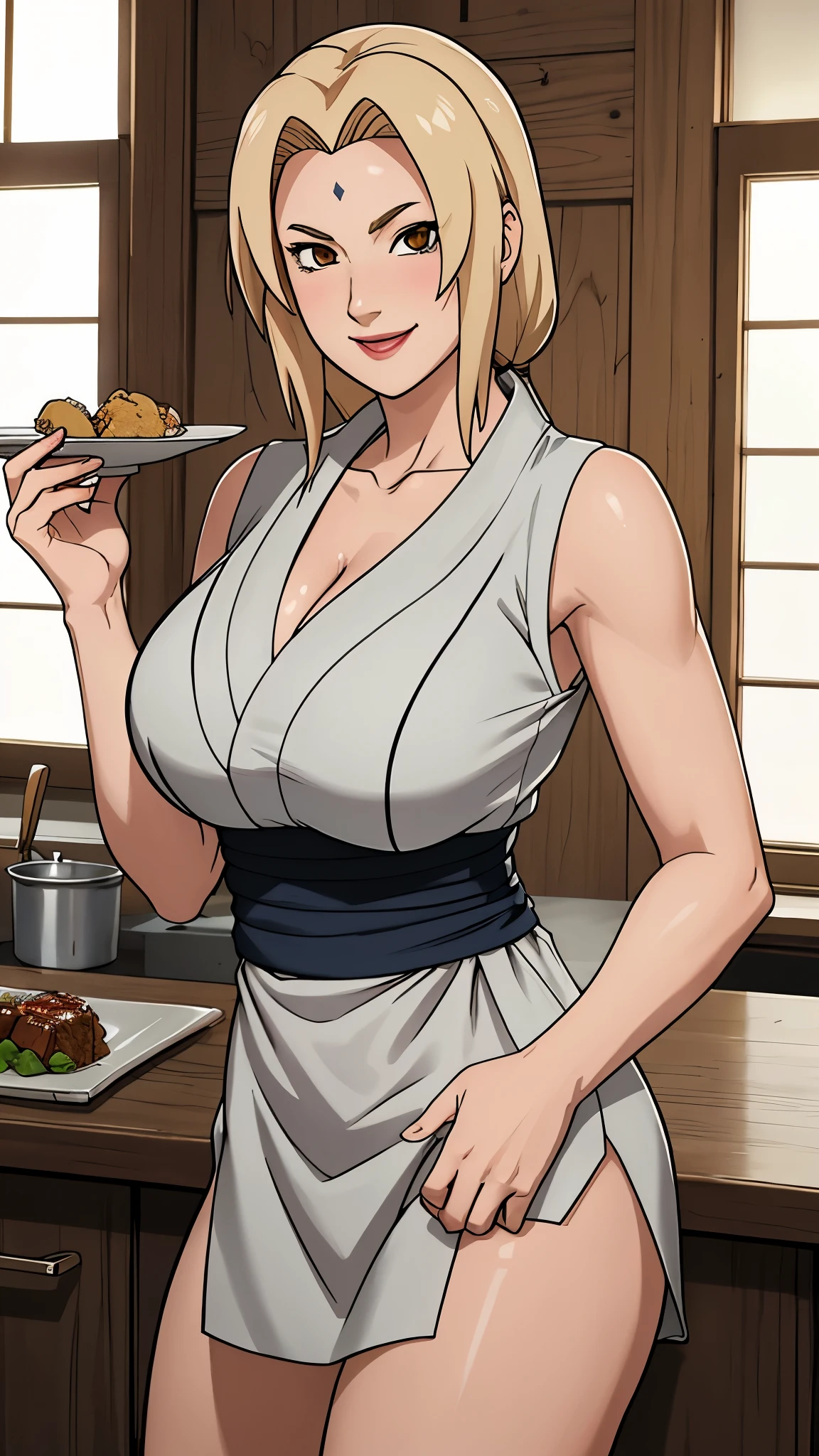 Anime woman in a kitchen holding a plate of food - SeaArt AI