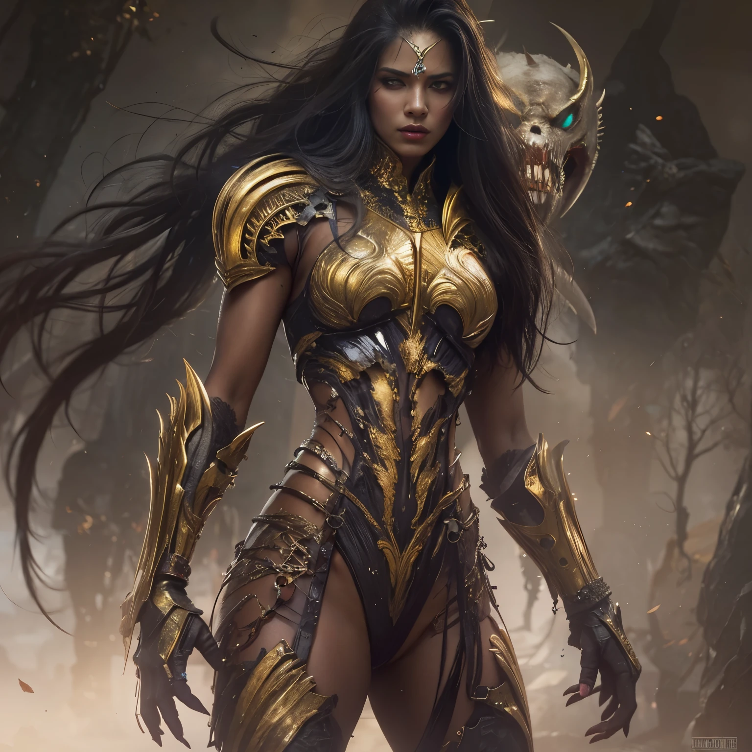 1 female alien, The predator, warrior, (extremely beautiful:1.2), (intense gaze:1.4), (predator:1.1), long dark claws, NSFW,  nipples, thick eyebrows, glowing and shining golden eyes, the most beautiful face in the universe, black hair,

A woman with an extremely beautiful face, her intense gaze fixed on her prey, a primal force that could not be denied.

(extreamly beautiful lean body:1.5), (ultra muscular build:1.2), (prowling:1.3), (sleek movements:1.4),

Her beautiful body, muscular and toned, moved with sleek grace as she prowled, ready to strike at a moment's notice. The predator within her was always on