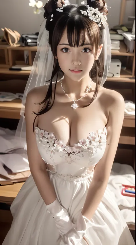 ,(((Pixel perfect, Perfect details))), alone, 1 girl, yuigahama yui,  Close-up of beautiful bride wearing beautiful wedding dress,Gurwitz, (bridal veil:1.5），（transparent short veil：1.5），blush，eye shadow，Blushing face，Head flower，headgear，bouquet，（tube top ...