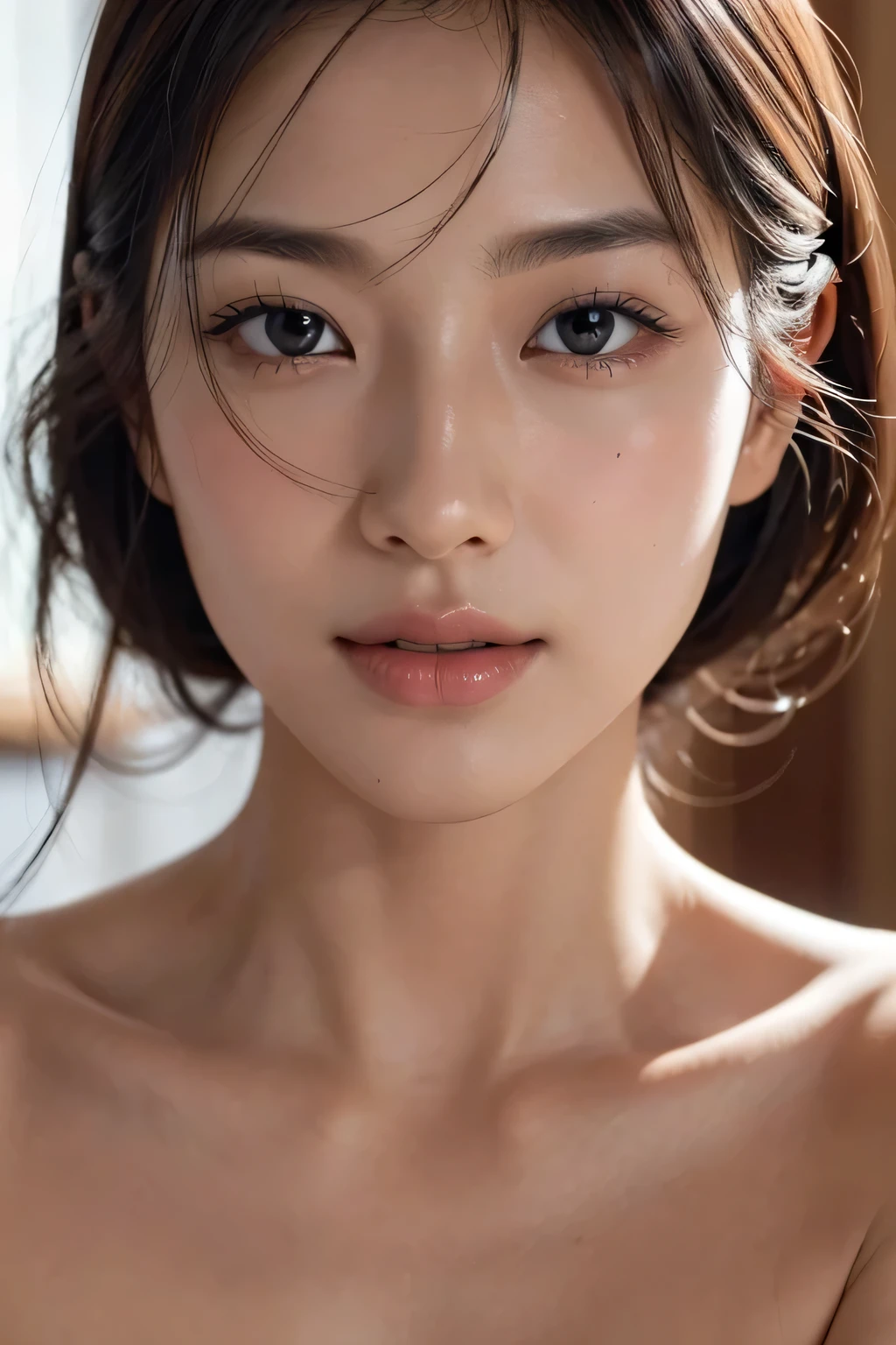 (Enhances the beauty of skin texture:1.1), (Enhances the beauty of skin texture:1.1), highest quality、masterpiece, ultra high resolution、(Photoreal:1.4)、RAW photo、1 girl、shiny skin, dramatic lighting, RAW photo, table top:1.3, ultra high resolution:1.0, sharp focus:1.2, beautiful woman with perfect figure:1.4, thin abs:1.2, Highly detailed face and skin texture, fine eyes, double eyelid, perfect facial balance, clean system, smile, Soft light in a beautiful studio, rim light, vivid details, surreal, Fine and beautiful skin, realistic skin, beautiful face, Beautiful woman, high solution face, soft texture, nude, close up of face, glowing skin, face of glory, crazy high resolution, glowing skin, shining face, luster, oily skin, oily face, close up of face, zoom on face, oily skin, oily face, 強いluster, beautiful hair, Kitagawa Keiko、Kuroki Meisa, whitening