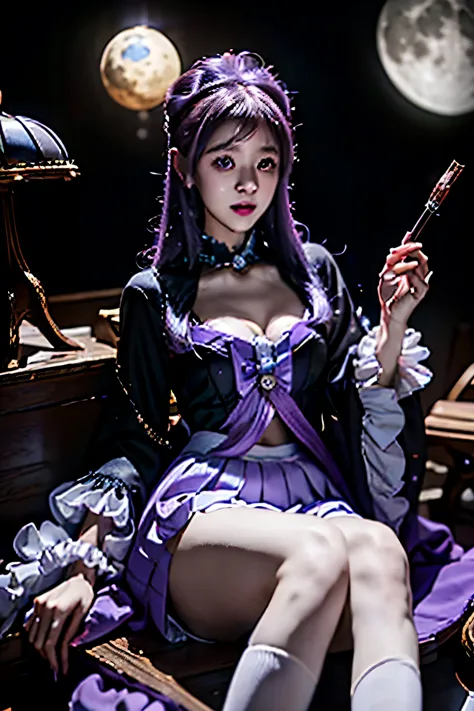 Anime girl in purple skirt holding umbrella in dark room, Moon themed clothing, fantasy costumes, rococo cyberpunk, Elegant Gothic Princess, black and purple clothing, gothic shoujo anime girl, Astral Witch Clothes, lolita fashion, ((beautiful fantasy quee...