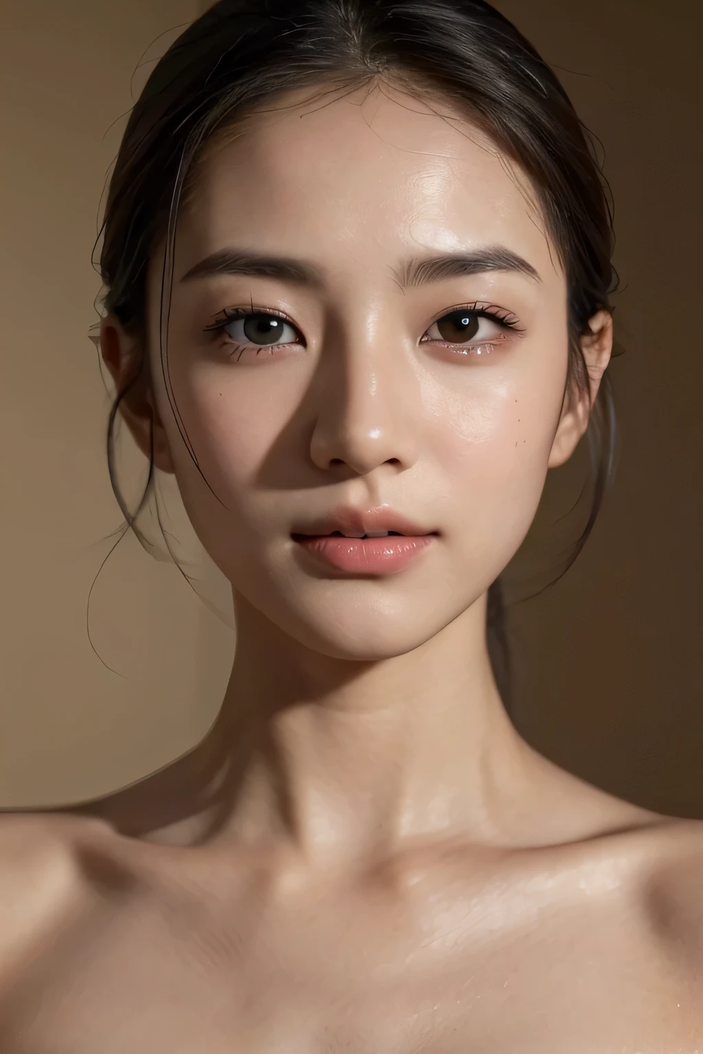 (Enhances the beauty of skin texture:1.1), (Enhances the beauty of skin texture:1.1), highest quality、masterpiece, ultra high resolution、(Photoreal:1.4)、RAW photo、1 girl、shiny skin, dramatic lighting, RAW photo, table top:1.3, ultra high resolution:1.0, sharp focus:1.2, beautiful woman with perfect figure:1.4, thin abs:1.2, Highly detailed face and skin texture, fine eyes, double eyelid, perfect facial balance, clean system, smile, Soft light in a beautiful studio, rim light, vivid details, surreal, Fine and beautiful skin, realistic skin, beautiful face, Beautiful woman, high solution face, soft texture, nude, close up of face, glowing skin, face of glory, crazy high resolution, glowing skin, shining face, luster, oily skin, oily face, close up of face, zoom on face, oily skin, oily face, 強いluster, beautiful hair, Kitagawa Keiko、Kuroki Meisa, Whitening skin, porcelain skin, smooth skin
