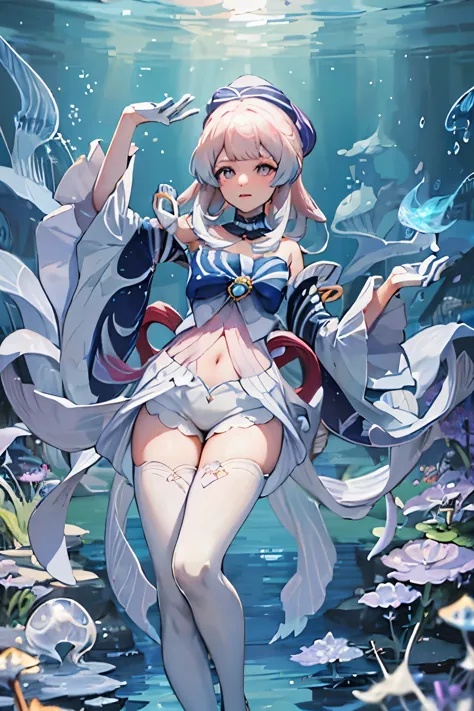 One wearing a white dress、Arafad image of woman wearing white hat, Jellyfish Priestess, Complex and gorgeous anime CGI style, Jellyfish Miko, Popular topics on cgstation, guweiz, Close-up fantasy of water magic, Anime girl walking on water, guweiz style ar...