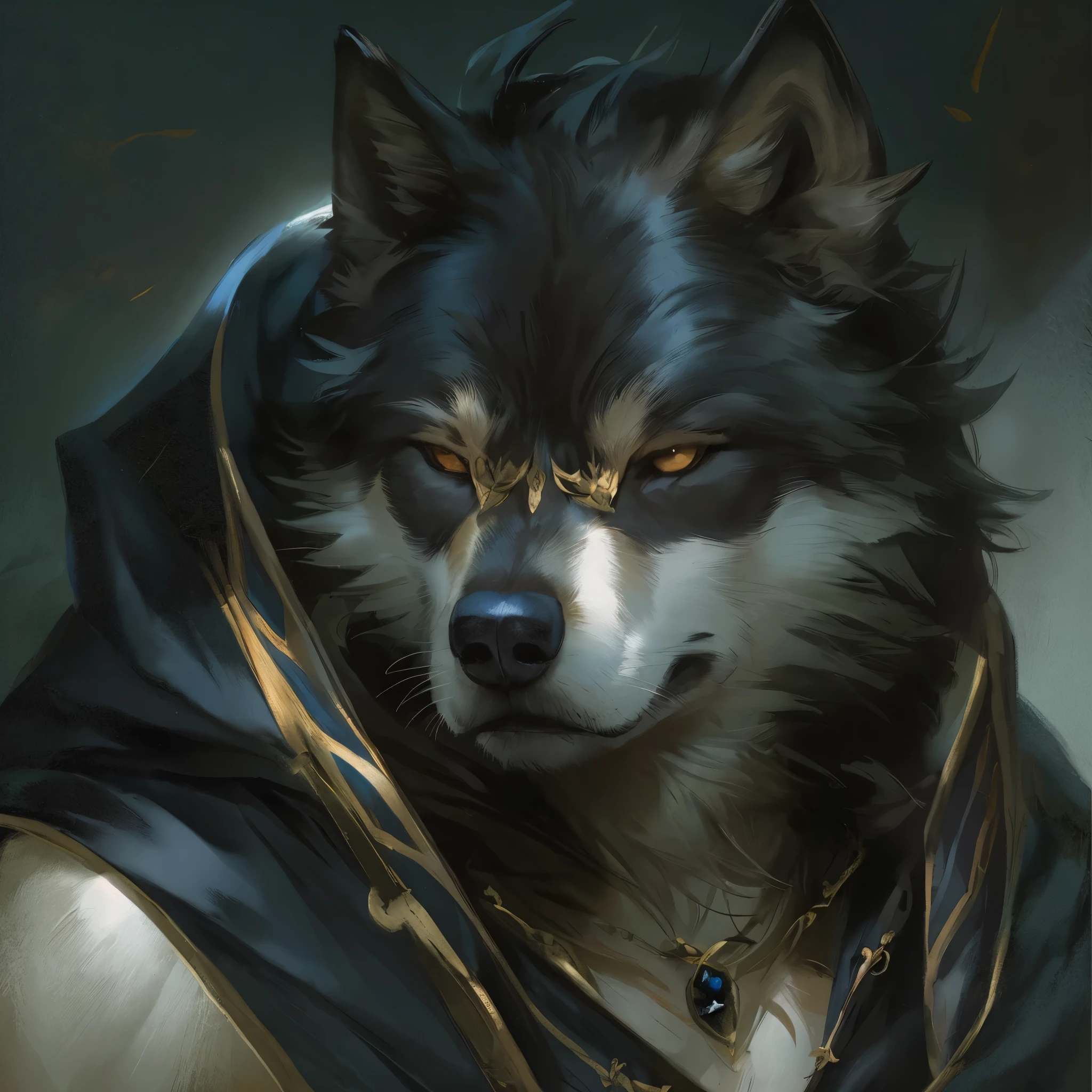 black cloak, Ruan Jia, Pino Deheni, black gem, stupid dog, Male wolf muscles, (Detailed face), (Delicate and lovely skin), Elegant wolf, Wolf tie, rallyism