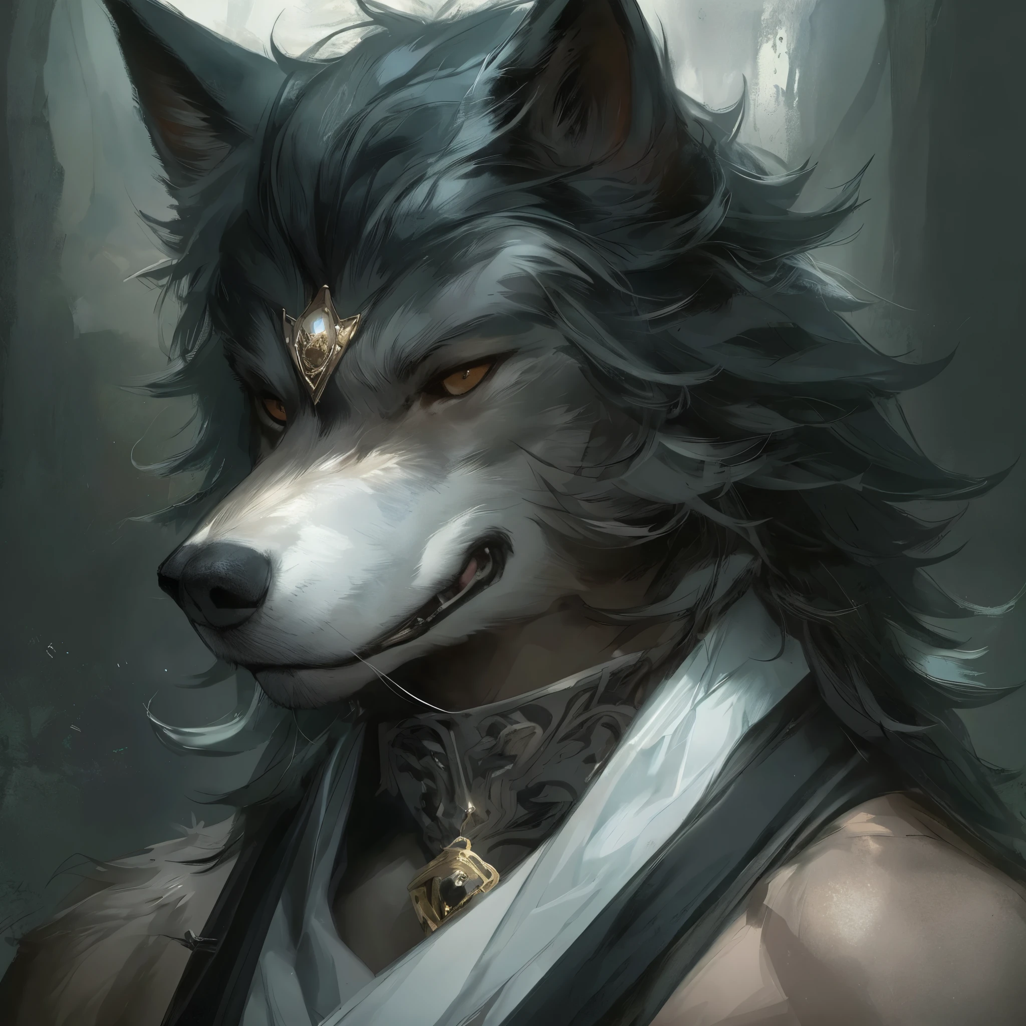 black cloak, Ruan Jia, Pino Deheni, black gem, stupid dog, Male wolf muscles, (Detailed face), (Delicate and lovely skin), Elegant wolf, Wolf tie, rallyism