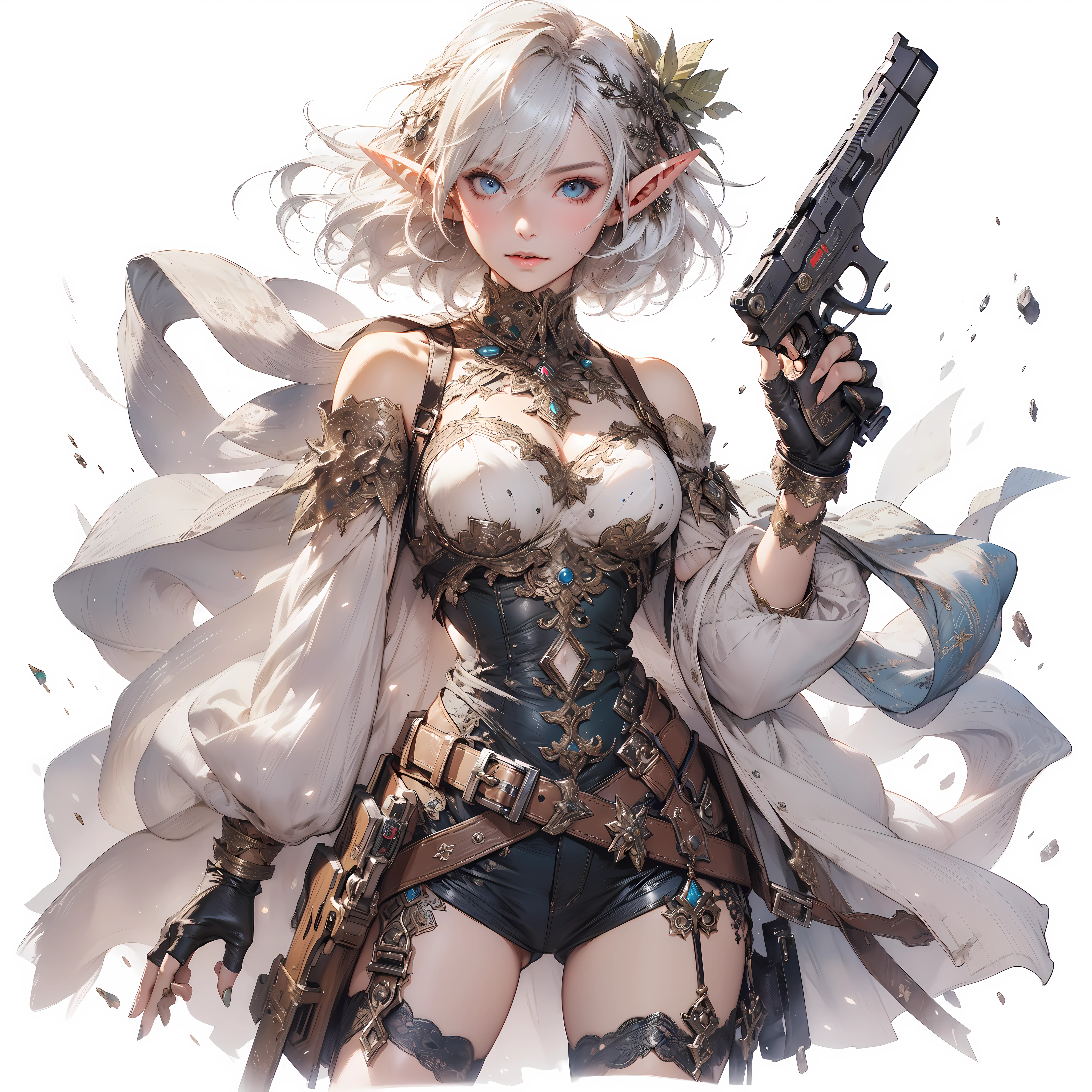 A portrayal of a sweet elf girl standing with a gun in hand, radiating a sense of determination and strength, style by Yoji Shinkawa, full body, dynamic pose, perfect anatomy, Fantasy art style, soul, approach to perfection, cell shading, 8k, cinematic dramatic atmosphere, watercolor painting, BREAK,

perfect face, details eye, ((elf:1.4)), (1girl), (hairstyle:1.6), (messy hair), (white hair), Plump lips, blue eyes, happy expression, medium breast.