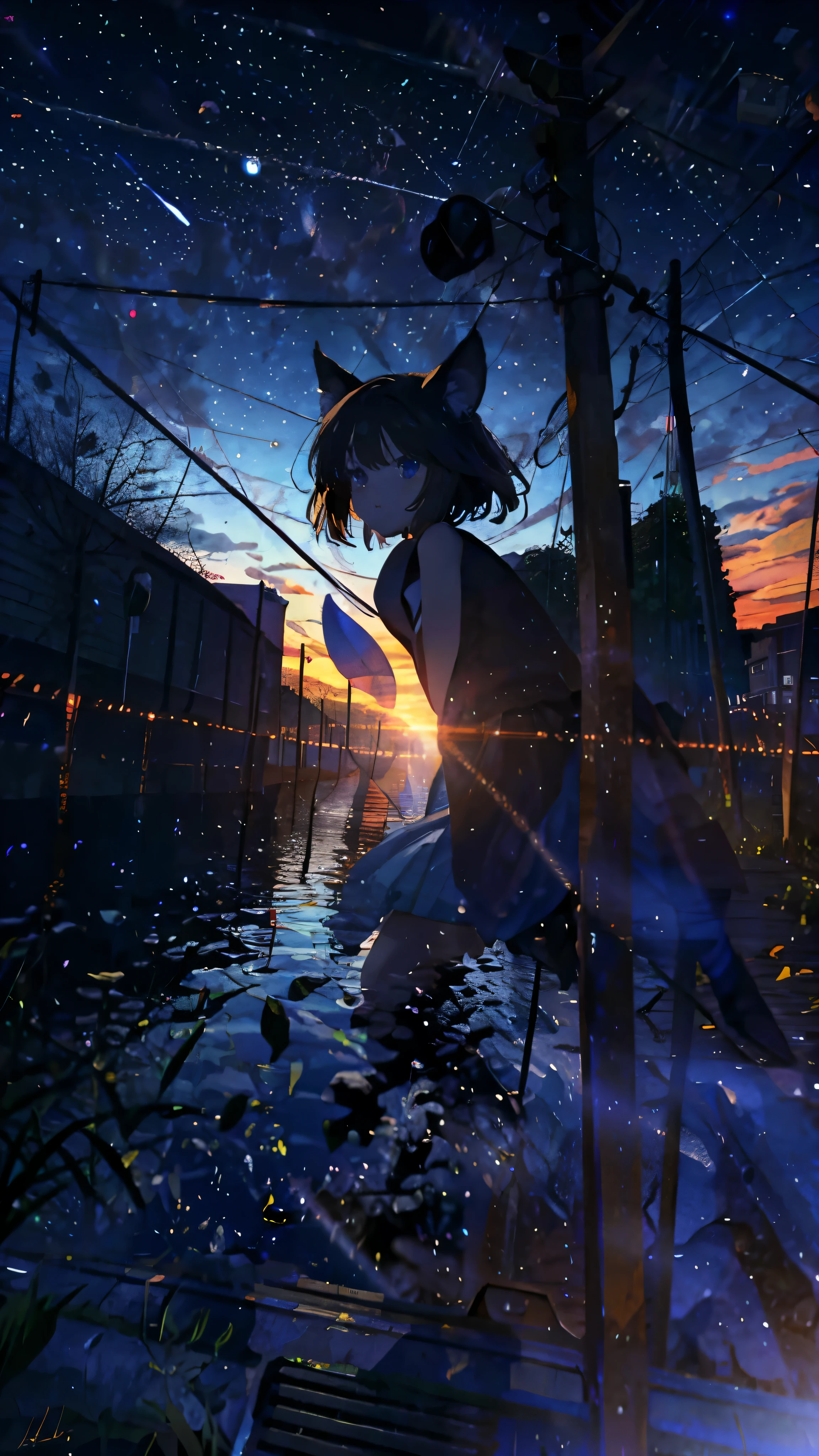 fox ears, fox tail, beautiful_hair,odd number_eye,beautiful_eyes,iris,1_beautiful_girl,cute_face,beautiful_face,beautiful,Highest_quality,good_anatomy,moon,night,moonlight,beautiful starry sky,put on a show on stage,light up the stage,excited the audience of 100 people,dark room