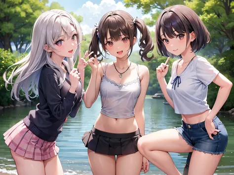 ((highest quality)), ((masterpiece)),(Noble), (Cute baby girl), (3 girls:1.8), cute three girls are posing for a camera outdoors...