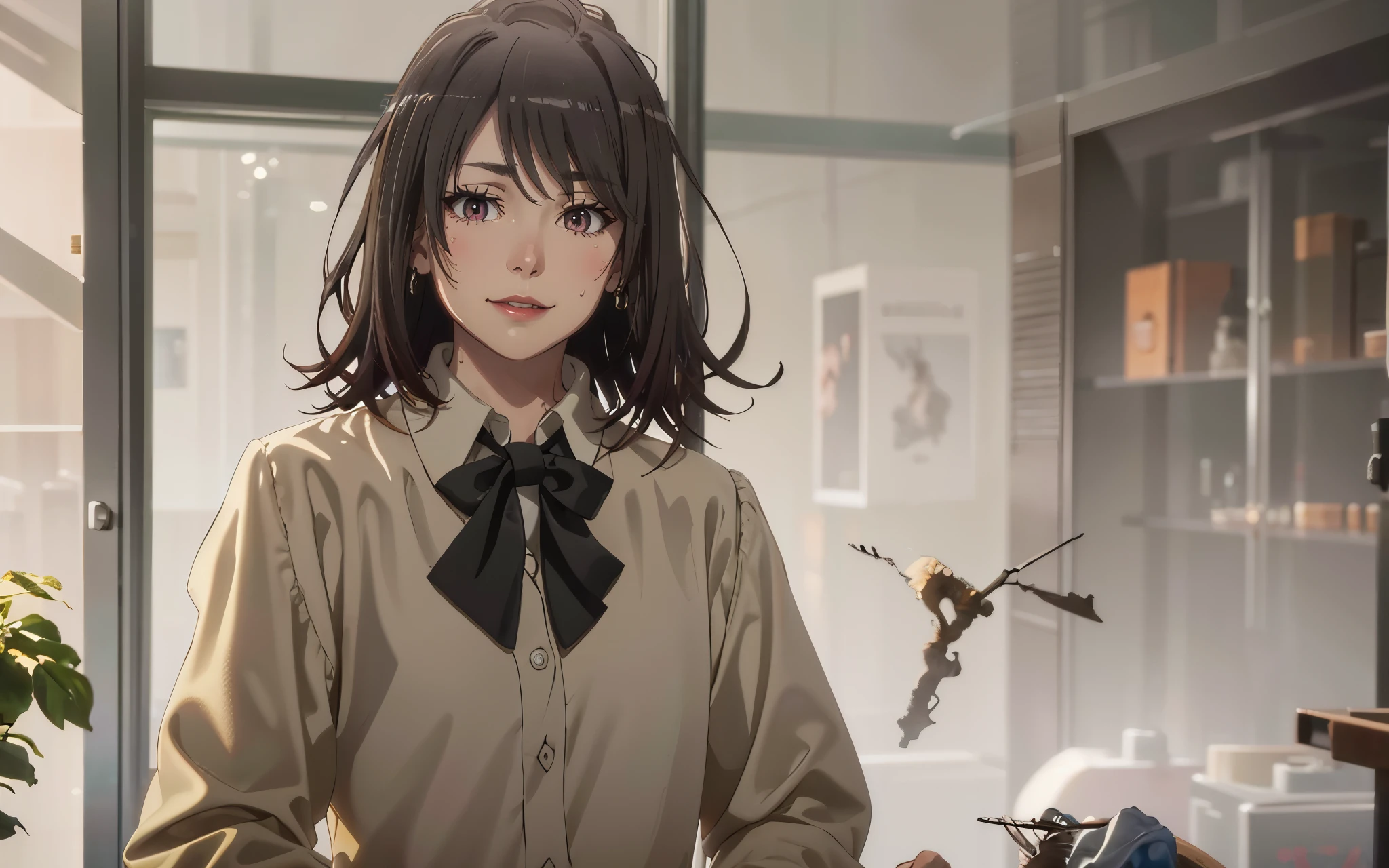 haruno, (black hair, medium hair:1.6), grey eyes,1girl, solo, cardigan, bow, smile, shirt, brown_hair, bowtie, white_shirt, school_uniform, brown_eyes, upper_body, looking_at_viewer, bangs, indoors, closed_mouth, collared_shirt, black_neckwear, blush, long_sleeves, eyebrows_visible_through_hair, glow effects, godrays, Hand drawn, render, 8k, octane render, cinema 4d, blender, dark, atmospheric 4k ultra detailed, cinematic, Sharp focus, big depth of field, Masterpiece, colors, 3d octane render, 4k, concept art, trending on artstation, hyperrealistic, Vivid colors, extremely detailed CG unity 8k wallpaper, trending on CGSociety, Intricate, High Detail, dramatic, glowing eyes,