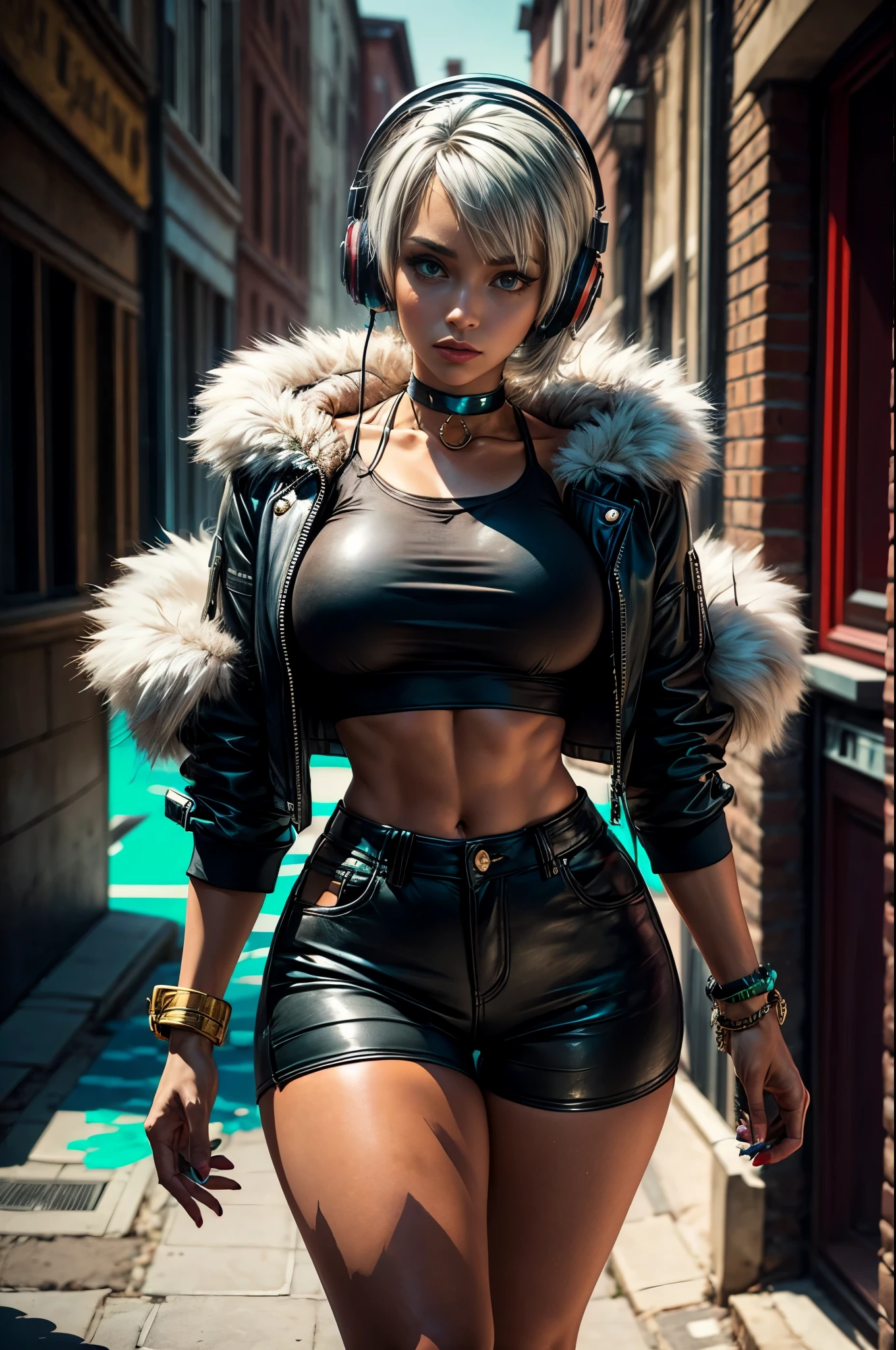 masterpiece, best quality, Tia is shown to have a fairly slender figure, great body, sexy hips, She has white-grey hair , she has short hair and large pale green eyes, crop top, leather shorts, choker, leather jacket with fur, paint splatter, arms behind back, walking down the street, looking at viewer, armband, paint on body, head tilt, bored, headset,