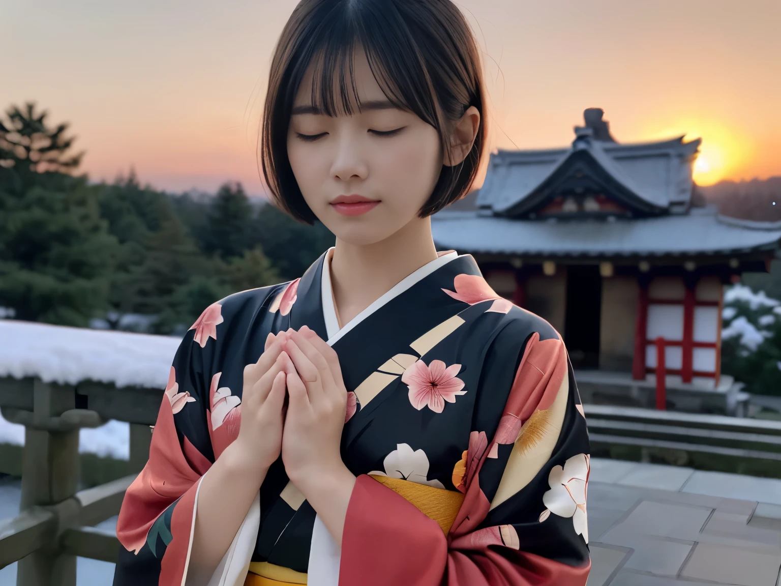 (身穿美丽多彩和服的短发女人的特写肖像。:1.5)、(日本神社里，一名女子闭上眼睛，双手合十祈祷:1.5)、(模糊的背景:1.5)、(美丽的冬日夕阳红色天空:1.5)、(完美的解剖结构:1.3)、(没有面具:1.3)、(整根手指:1.3)、实际的、照片、桌上、最好的质量、高分辨率, 精致、完美脸蛋、美丽而精致的眼睛、白皙的皮肤、真实的人类皮肤、毛孔、((瘦腿))、(黑发)