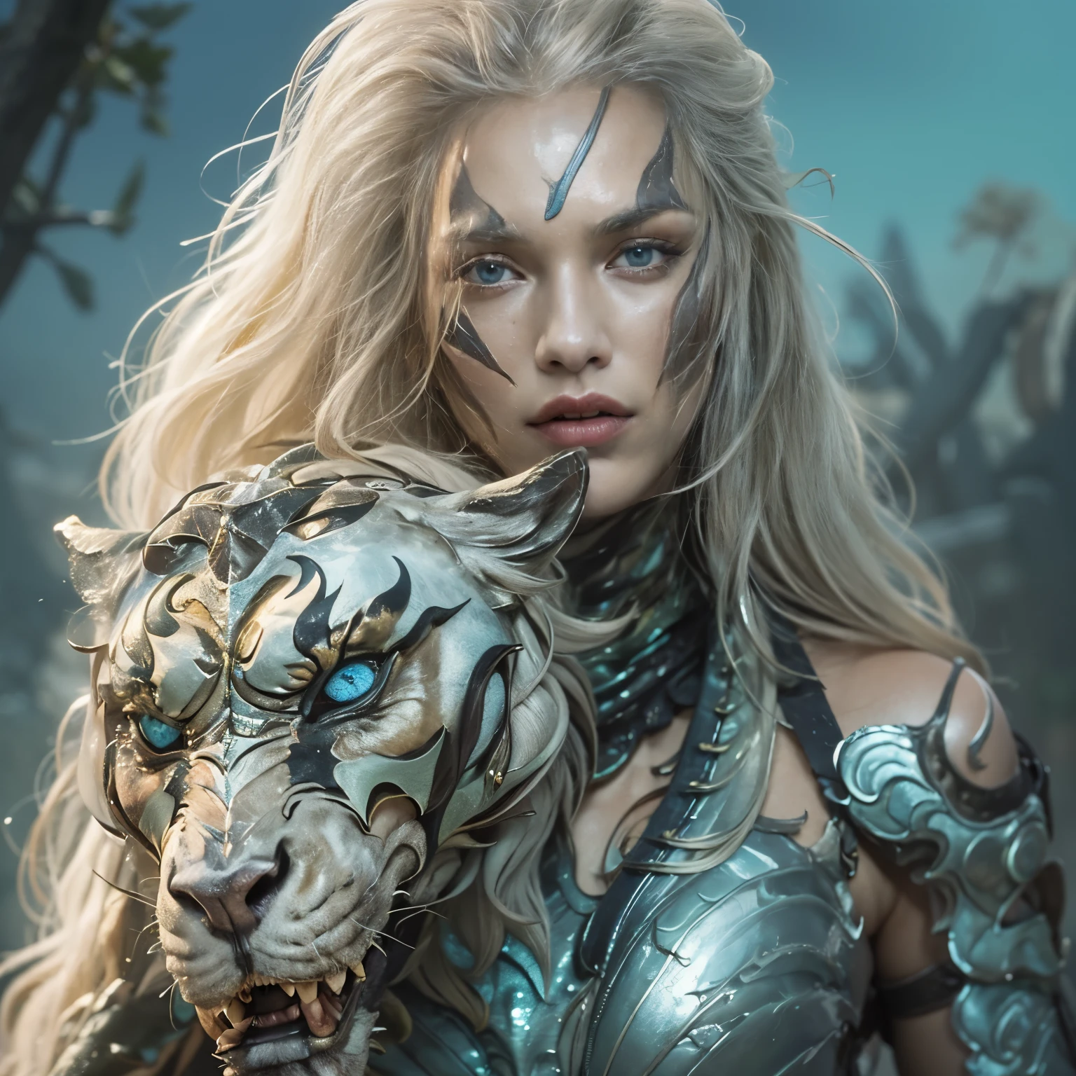 1 female alien, The predator, warrior, (extremely beautiful:1.2), (intense gaze:1.4), (predator:1.1), long dark claws, NSFW,  nipples, thick eyebrows, glowing and shining sky blue eyes, the most beautiful face in the universe, platinum blonde,

A woman with an extremely beautiful face, her intense gaze fixed on her prey, a primal force that could not be denied.

(extreamly beautiful lean body:1.5), (ultra muscular build:1.2), (prowling:1.3), (sleek movements:1.4),

Her beautiful body, muscular and toned, moved with sleek grace as she prowled, ready to strike at a moment's notice. The predator within her was always on