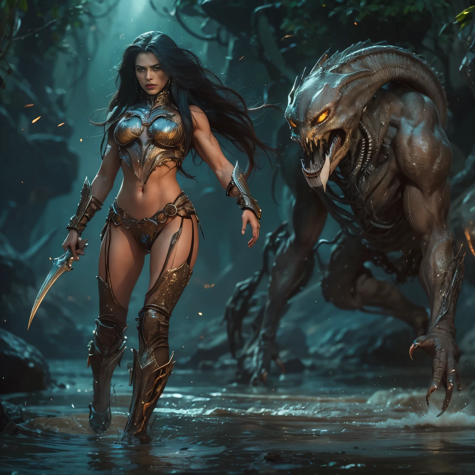 1 female alien, The predator, warrior, (extremely beautiful:1.2), (intense gaze:1.4), (predator:1.1), long dark claws, NSFW,  nipples, thick eyebrows, glowing and shining orange eyes, the most beautiful face in the universe, black hair,

A woman with an extremely beautiful face, her intense gaze fixed on her prey, a primal force that could not be denied.

(extreamly beautiful lean body:1.5), (ultra muscular build:1.2), (prowling:1.3), (sleek movements:1.4),

Her beautiful body, muscular and toned, moved with sleek grace as she prowled, ready to strike at a moment's notice. The predator within her was always on