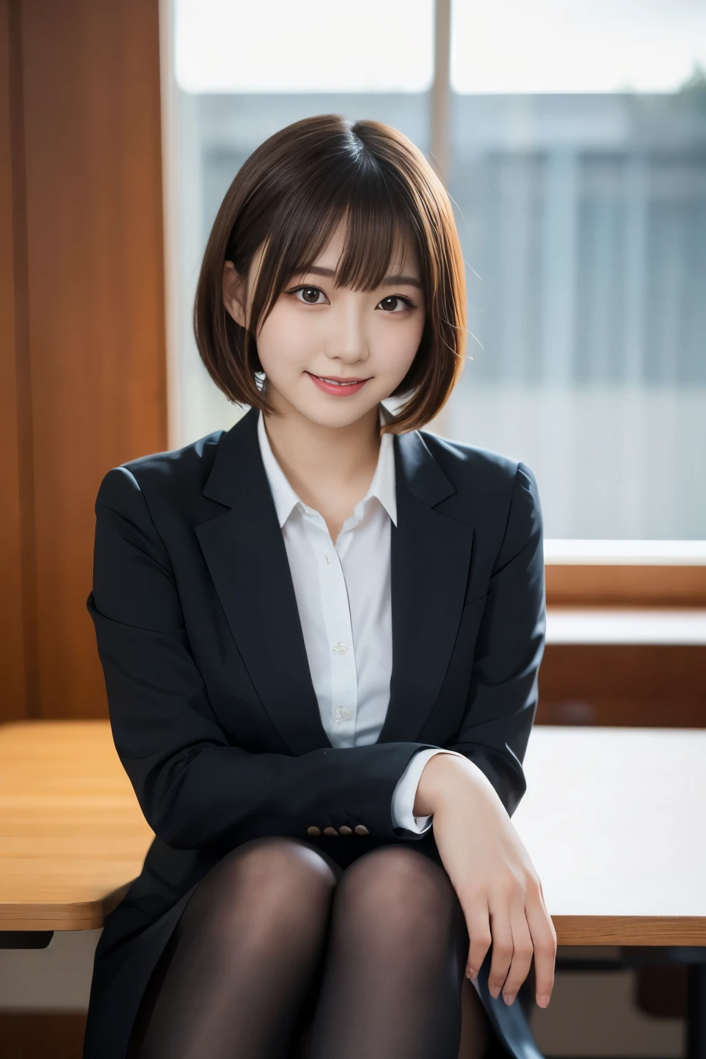 table top, highest quality, figure, super detailed, finely, High resolution, 8k wallpaper,short hair、 Perfect dynamic composition, beautiful and fine eyes, business suit，Natural color lip, smile、18 year old girl，Wearing black tights and stockings、plump thighs、shortcut