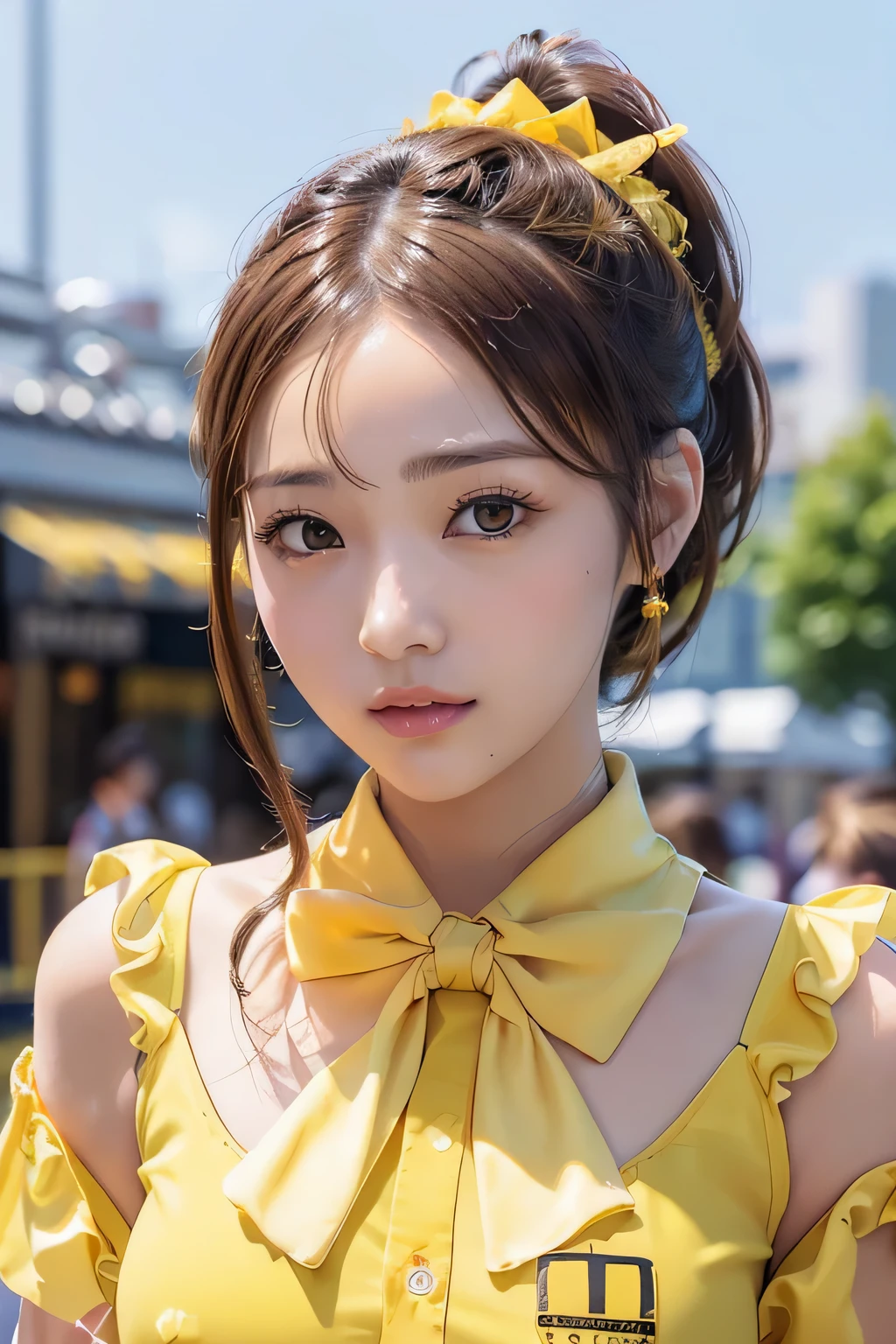 (8k, masterpiece, 最high quality), Super detailed, beautiful round eyes, beautiful and detailed face, high quality, High resolution, Rooftop café in a shopping mall, yellow gingham shirt and bow tie, , perfection ,, ,(ponytail:1.5) , stare into the distance、With a round face、slim、(((flat body)))、cute、、、((close up head shot))、