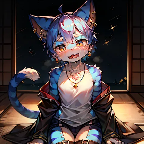Japanese，There are stud earrings on the ears，Crying face pendants on ears，Blue ears，Have tiger teeth，A hybrid between a dragon and a carapace，The whole is blue，Star pattern on thigh，Turns white。