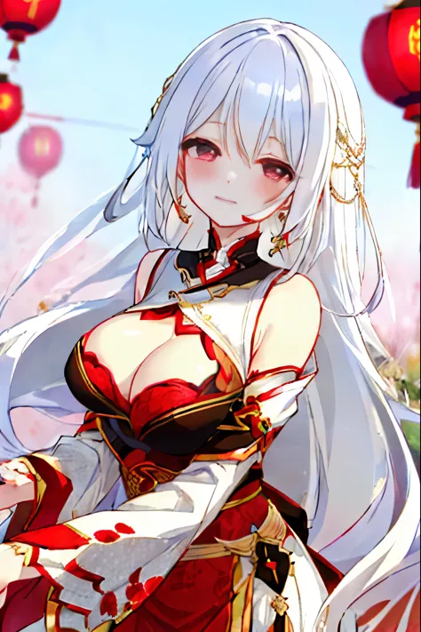 Pure white hair color，Elegant，Ruby-like deep and charming eyes，Shining a bright red like blood，Full breasts，Clothing for the Spring Festival Festival Clothing。