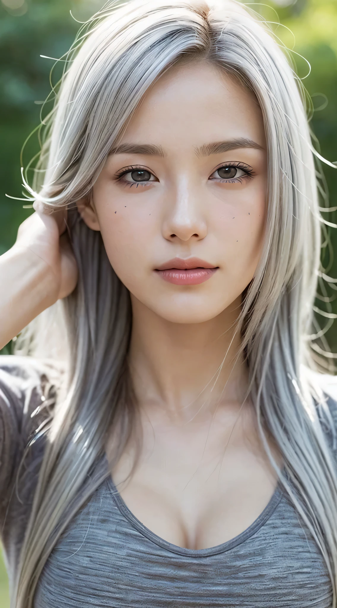 (photo actual:1.4), (hyper actual:1.4), (actual:1.3), (Smoother lighting:1.05), (Improve film lighting quality:0.9), 32k, 1 girl, 1 girl, Height 172 cm, Bust 34D, ((Long silver hair )), actual lighting, backlight, There is light on the face, Ray tracing, (bright light:1.2), (quality improvement:1.4), (The best quality real skin texture:1.4), delicate eyes, Delicate face, good quality (gray eyes), (Tired, sleepy and satisfied:1.0), face close-up, t-shirt, (Increase body line emotions:1.1), (Increase the beauty of skin texture:1.1)