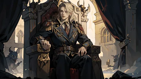 castlevania shadow lord handsome lord muscular dracula chatting in throne room with male advisors around him surreal ultra detai...