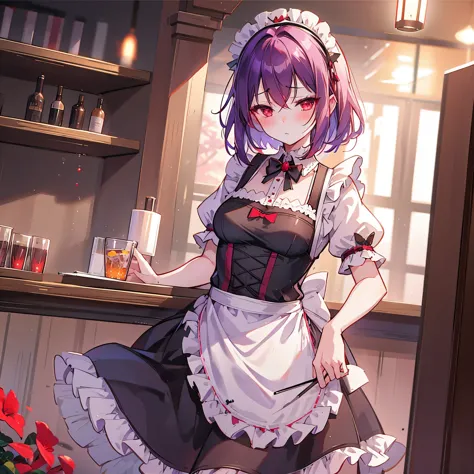 1girl, violet short hair, red eyes, clorinde, maid, maid headdress, maid apron, embarrassed, blush, light frown, looking at viewer, bar \(place\), indoors, depth of field