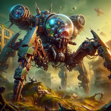Warhammer 40k,science fiction, weaponized military robotic spider with glass body parts and visible inner workings, patrolling t...
