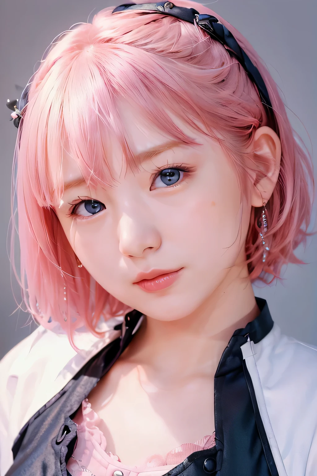 ８K, portrait, portrait, (alone), masterpiece, highest quality, １girl、、 (((slim)))、(flat body:1.35)、、cute、inverted triangle face、、((head shot))、pink hair、white skin、bright blue eyes、dark lighting、concentrated expression、(highly detailed skin、skin details)、sharp focus、、intricate details、very detailed, Cluttered and detailed background