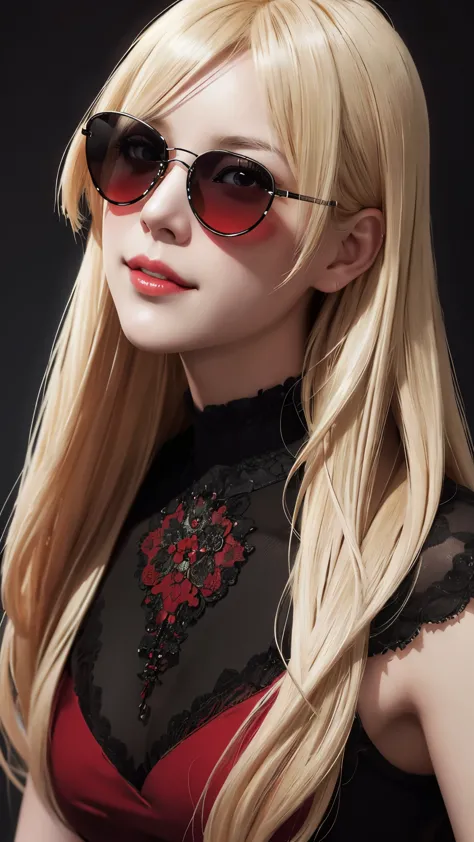 blond haired woman with sunglasses and a red and black dress, dramatic smile pose intricate, detailed portrait of anime girl, artwork in the style of guweiz, stunning digital illustration, high quality portrait, detailed digital anime art, highly detailed ...