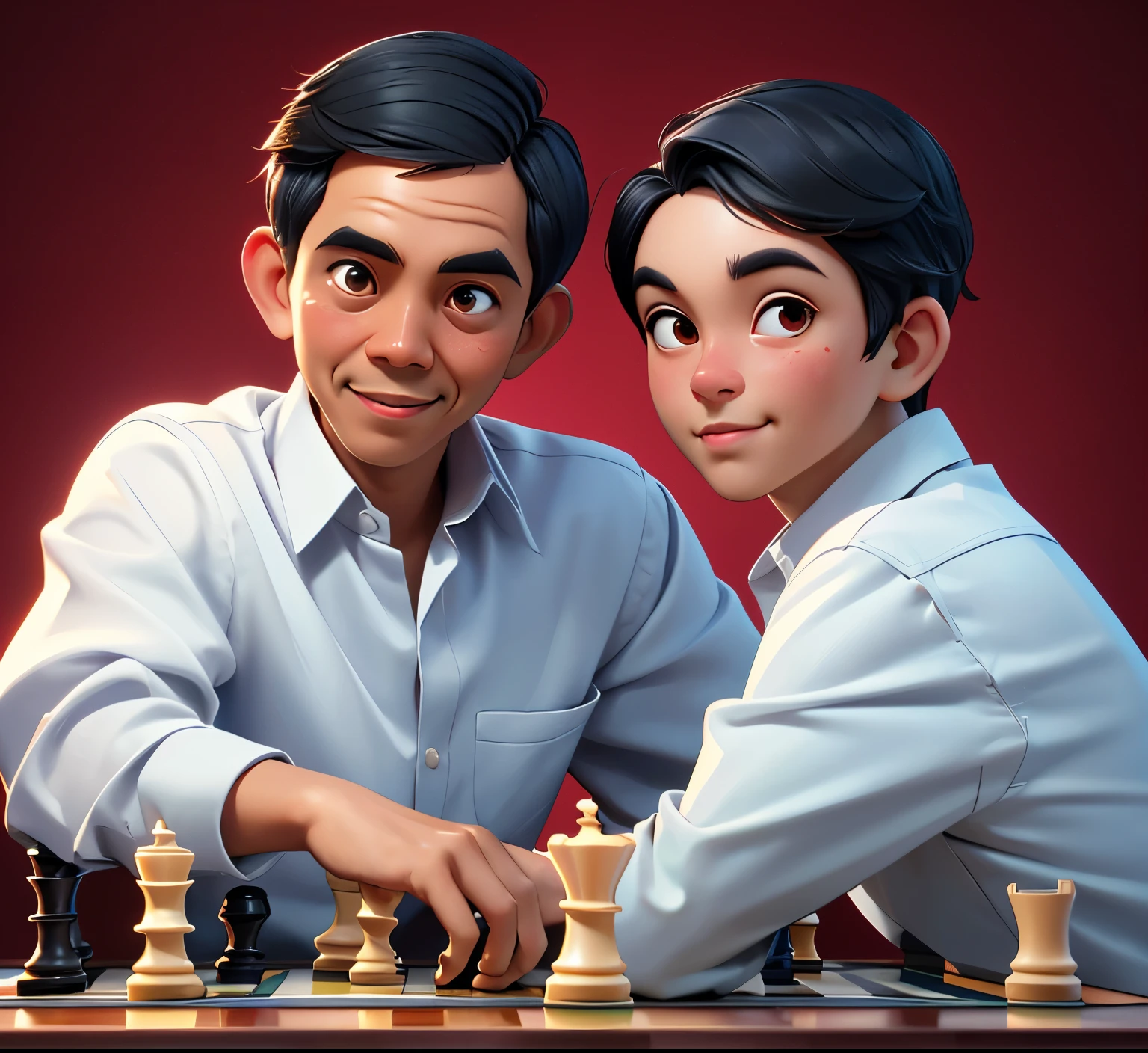 A 3D caricature photo of characters similar to Prabowo and jokowi, two small children, one thin and one fat. the fat  is wearing a jacket, and the thin  is wearing a white cloth shirt, short hair and neat side parting, playing chess, a kid who looks like Jokowi is coaching and directing a game of chess,  realistic image, full ultra hd detail. Use the RenderMan renderer. 3D. digital art. High definition, high contrast, high color saturation.